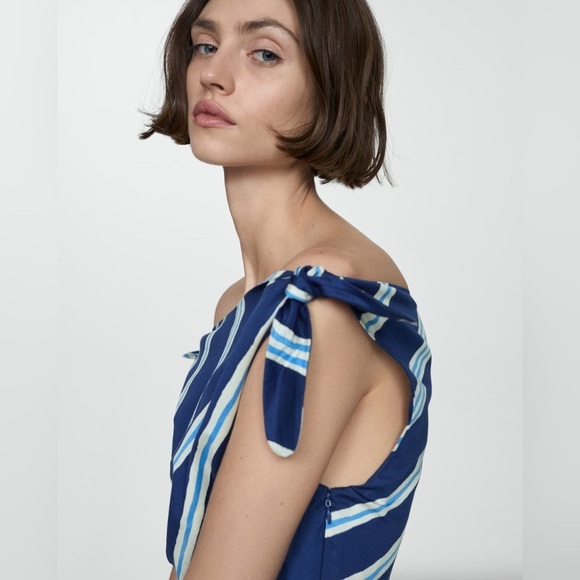 Mango Tie Shoulder 100% Cotton Striped Print Gathered Waist Side Slit Dress NWT - Picture 7 of 13